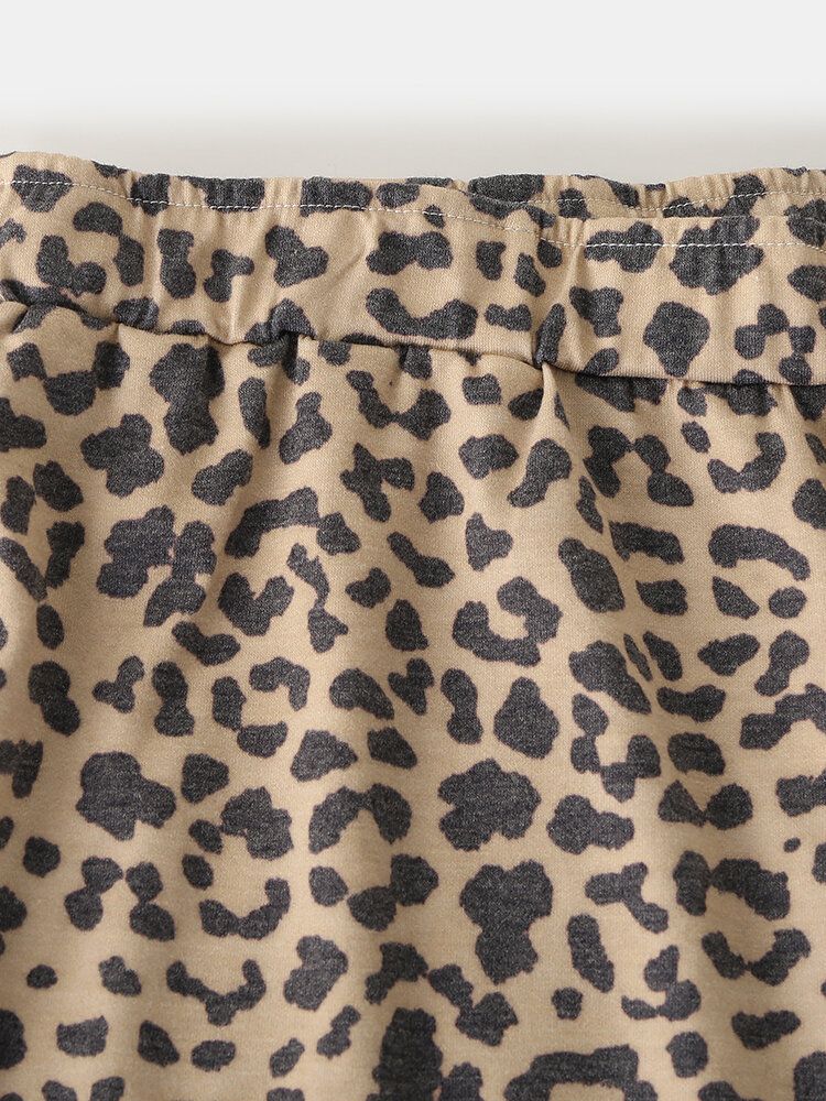 Conjunto De Pijama Holgado De Cuello Redondo Sin Mangas De Leopardo Para Mujer