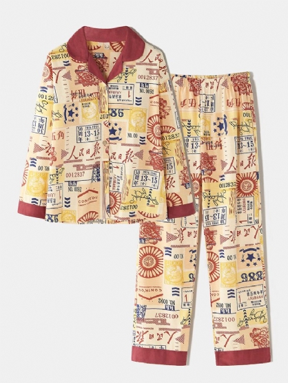 Conjunto De Pijama Informal De Cintura Elástica De Manga Larga Con Botones Y Estampado De Estilo Chino Vintage De Algodón Para Mujer