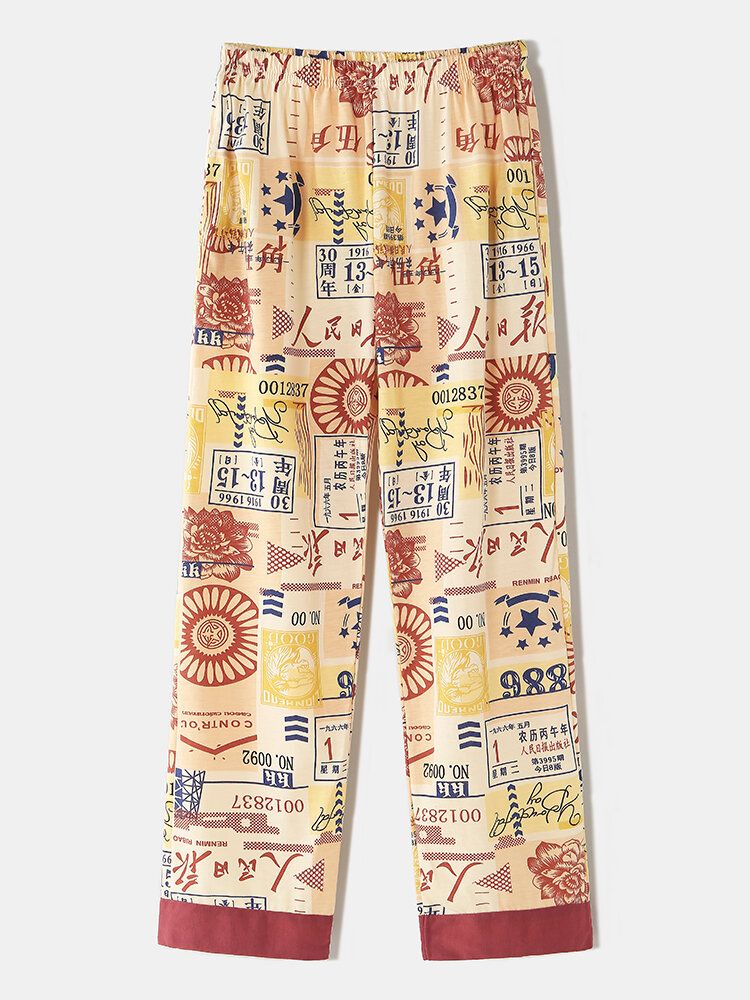 Conjunto De Pijama Informal De Cintura Elástica De Manga Larga Con Botones Y Estampado De Estilo Chino Vintage De Algodón Para Mujer