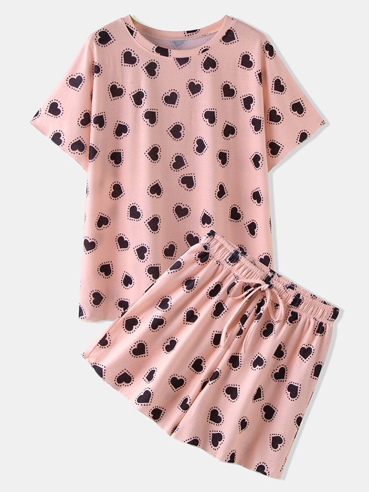 Conjunto De Pijama Informal Con Cordón De Cintura Elástica De Manga Corta Con Estampado De Corazones Divertidos Para Mujer