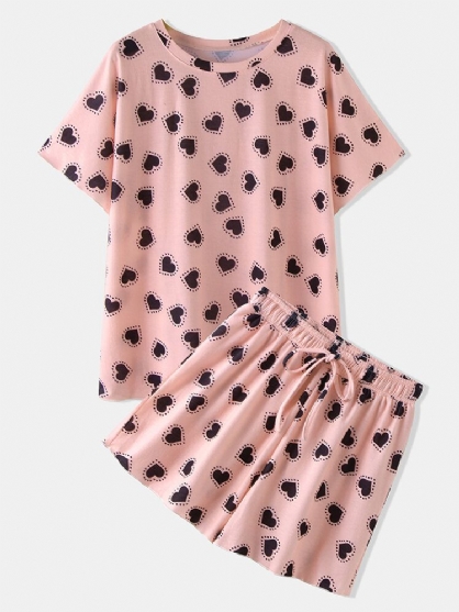 Conjunto De Pijama Informal Con Cordón De Cintura Elástica De Manga Corta Con Estampado De Corazones Divertidos Para Mujer