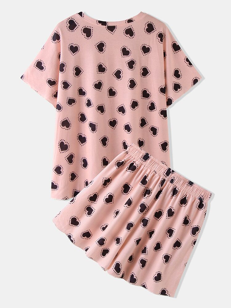 Conjunto De Pijama Informal Con Cordón De Cintura Elástica De Manga Corta Con Estampado De Corazones Divertidos Para Mujer