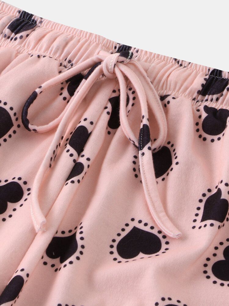 Conjunto De Pijama Informal Con Cordón De Cintura Elástica De Manga Corta Con Estampado De Corazones Divertidos Para Mujer