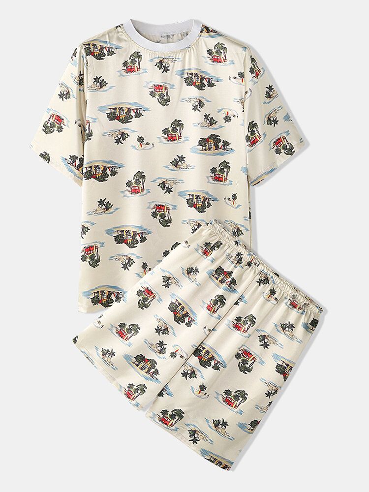 Conjunto De Pijama Informal De Dos Piezas Con Cintura Elástica Y Manga Corta Con Estampado De Paisaje Para Hombre