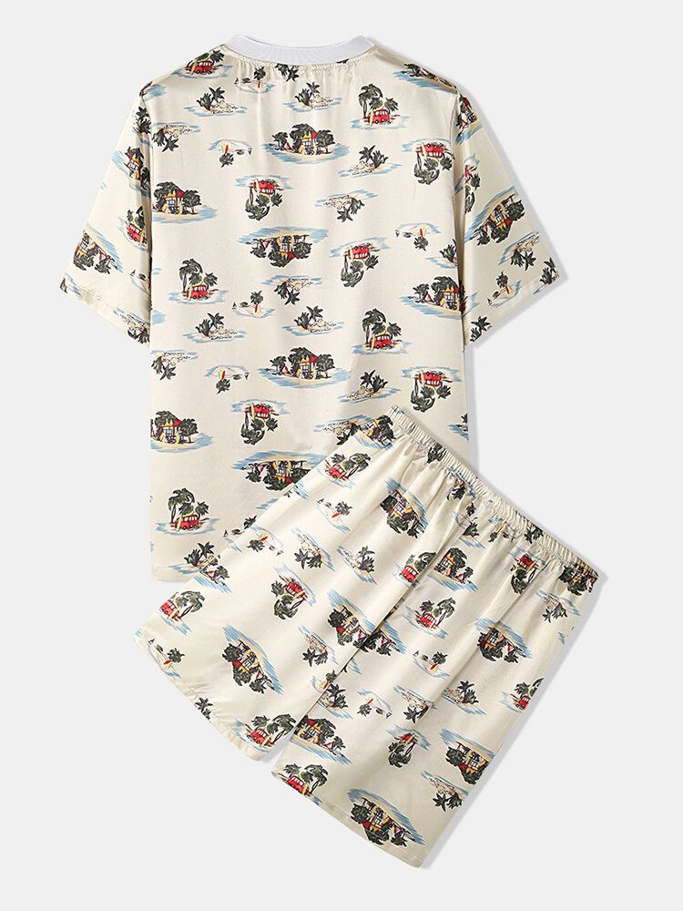 Conjunto De Pijama Informal De Dos Piezas Con Cintura Elástica Y Manga Corta Con Estampado De Paisaje Para Hombre