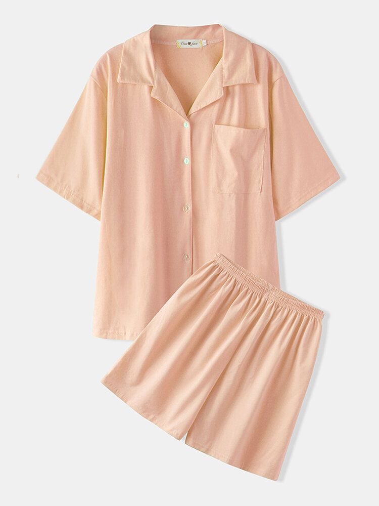 Conjunto De Pijama Informal De Dos Piezas Con Cuello Reverente De Manga Corta De Color Sólido Para Mujer