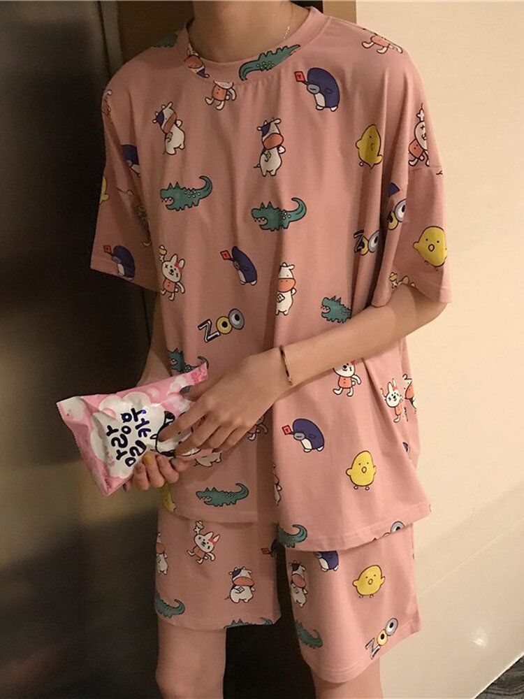 Conjunto De Pijama Informal De Dos Piezas De Manga Corta Con Estampado Animal De Dibujos Animados Divertidos Para Mujer