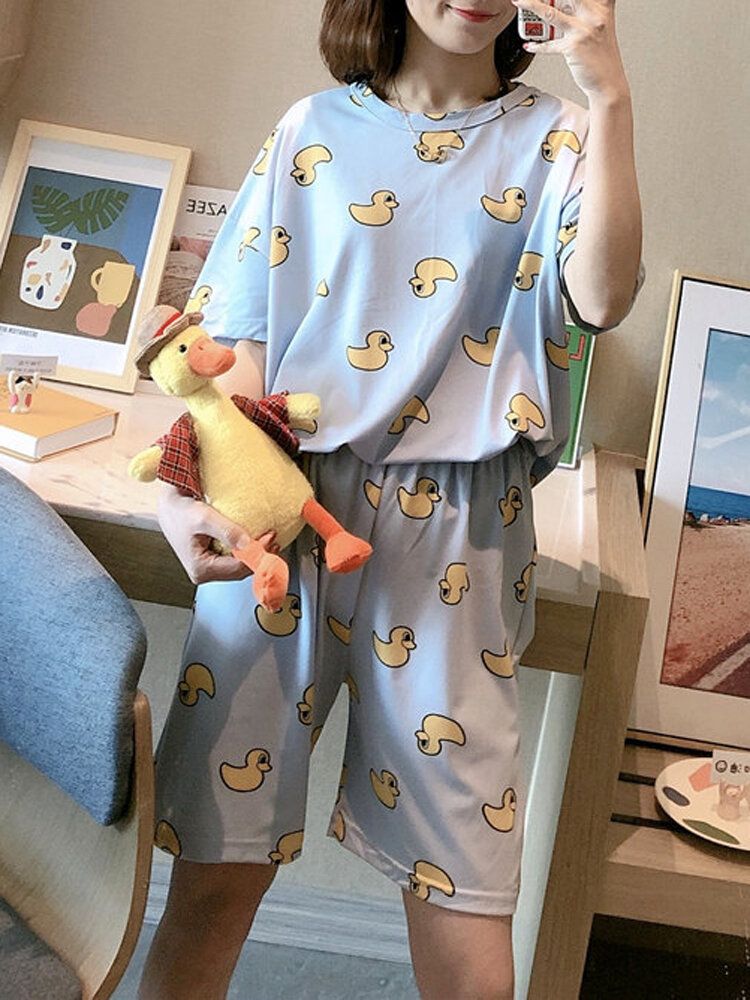 Conjunto De Pijama Informal De Dos Piezas De Manga Corta Con Estampado Animal De Dibujos Animados Divertidos Para Mujer