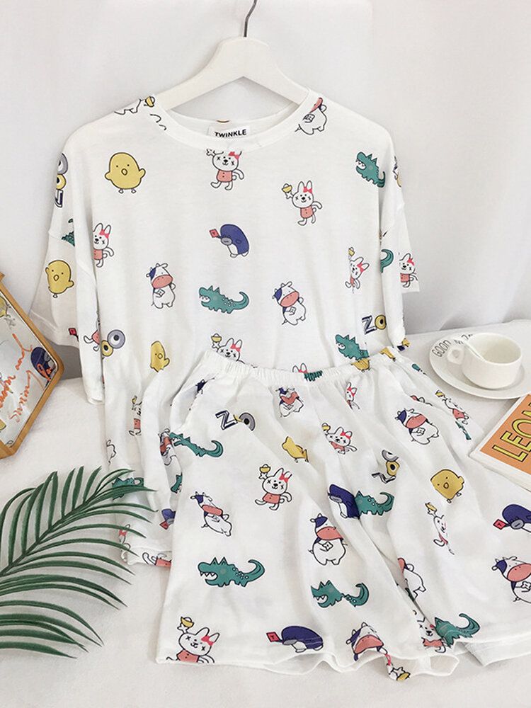 Conjunto De Pijama Informal De Dos Piezas De Manga Corta Con Estampado Animal De Dibujos Animados Divertidos Para Mujer