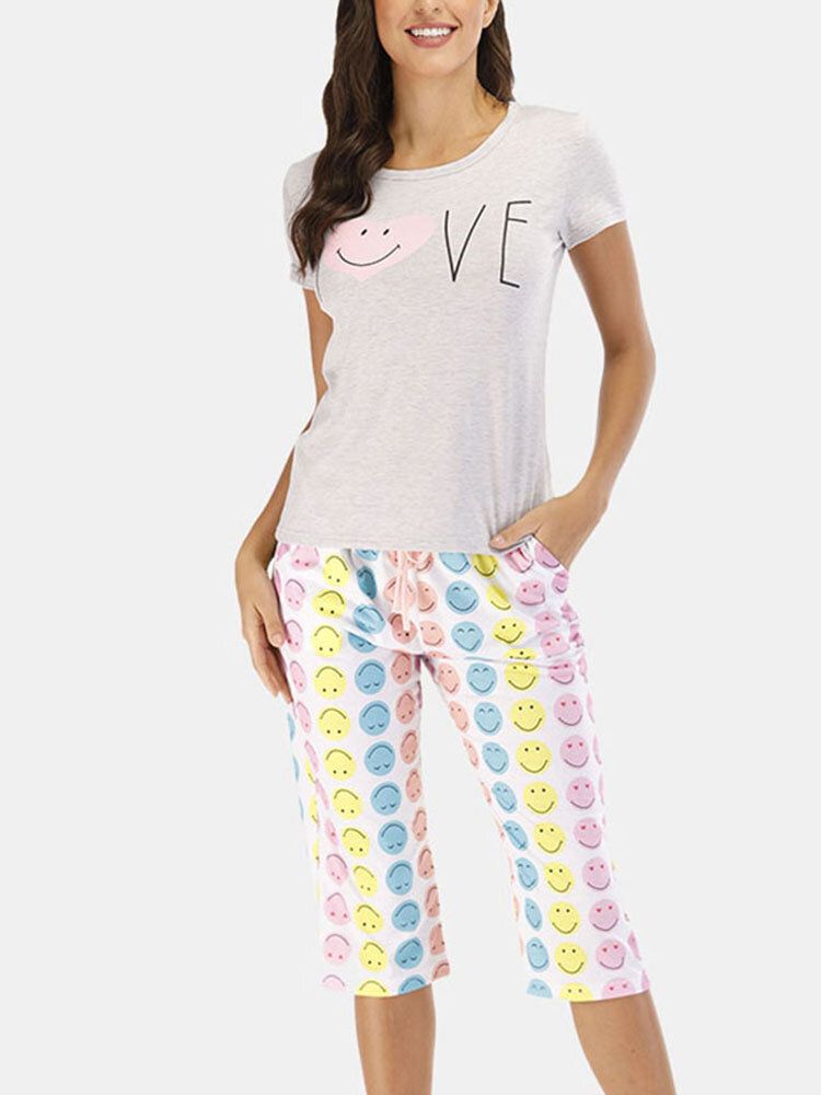 Conjunto De Pijama Informal De Dos Piezas De Manga Corta Con Estampado De Sonrisa De Dibujos Animados Divertidos Para Mujer