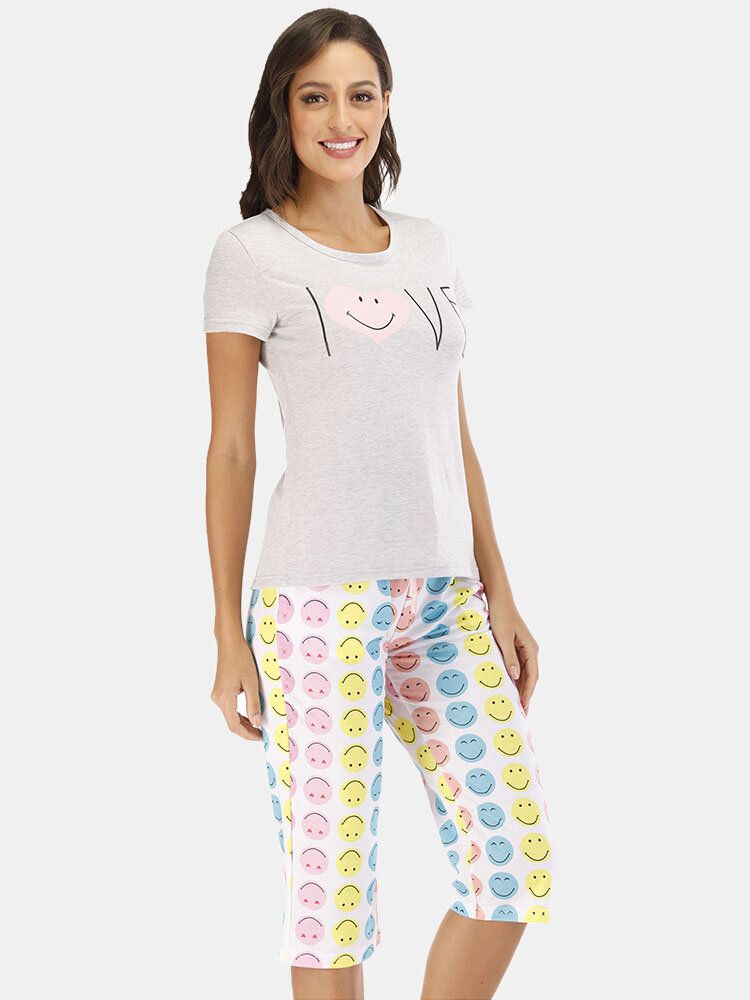 Conjunto De Pijama Informal De Dos Piezas De Manga Corta Con Estampado De Sonrisa De Dibujos Animados Divertidos Para Mujer