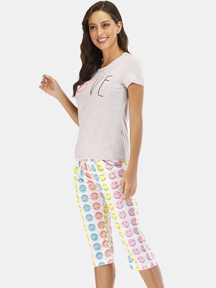 Conjunto De Pijama Informal De Dos Piezas De Manga Corta Con Estampado De Sonrisa De Dibujos Animados Divertidos Para Mujer