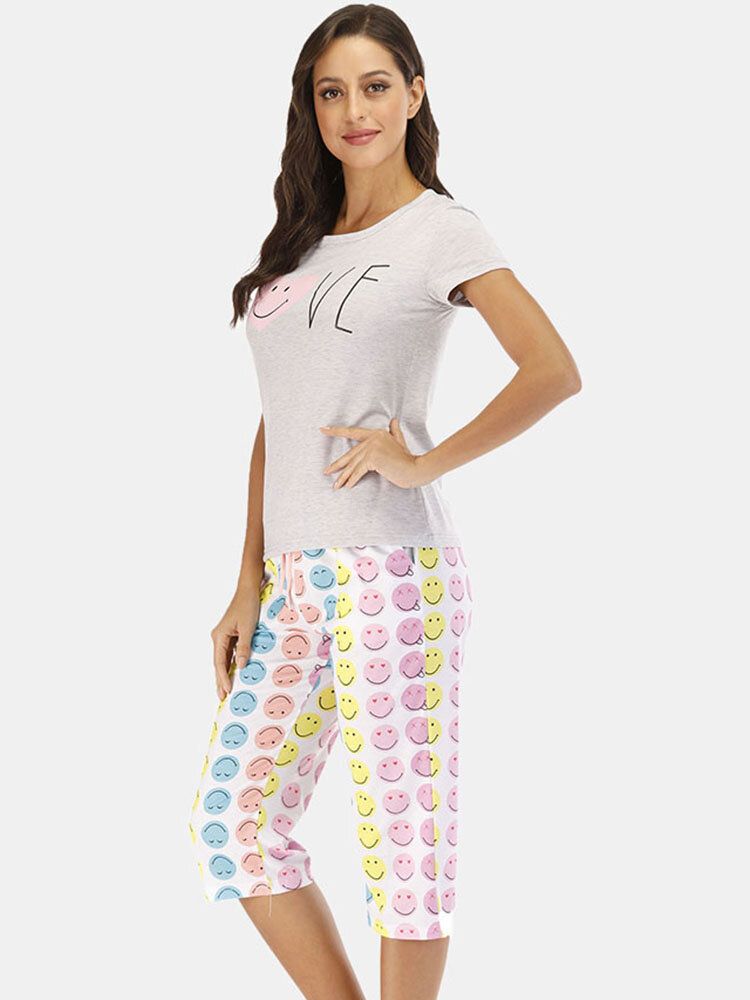 Conjunto De Pijama Informal De Dos Piezas De Manga Corta Con Estampado De Sonrisa De Dibujos Animados Divertidos Para Mujer