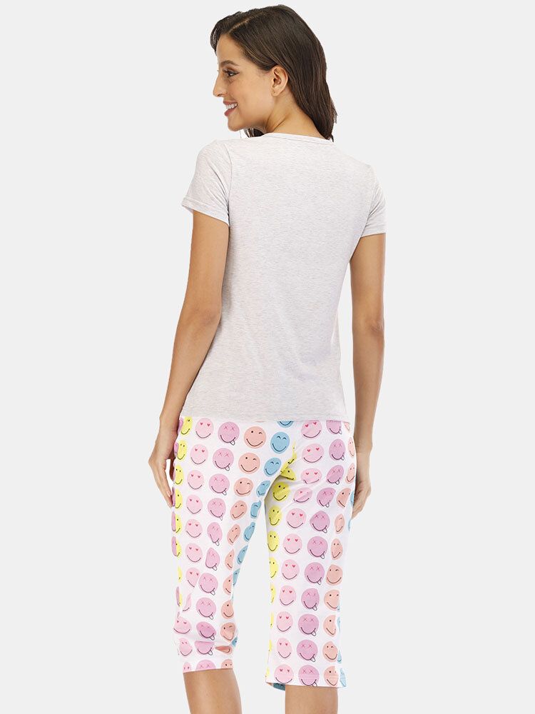 Conjunto De Pijama Informal De Dos Piezas De Manga Corta Con Estampado De Sonrisa De Dibujos Animados Divertidos Para Mujer