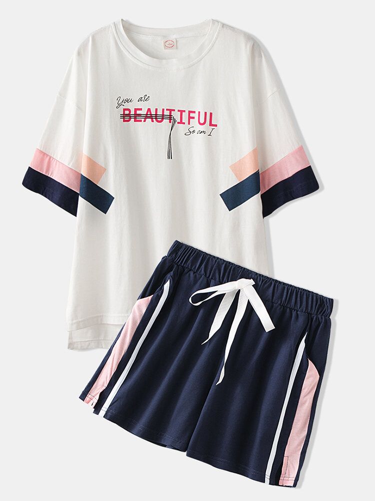 Conjunto De Pijama Informal De Manga Corta Con Nudo En Bloque De Color Con Estampado De Letras Para Mujer