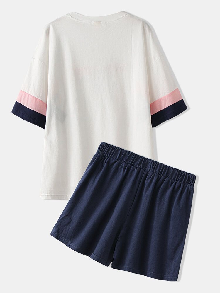 Conjunto De Pijama Informal De Manga Corta Con Nudo En Bloque De Color Con Estampado De Letras Para Mujer