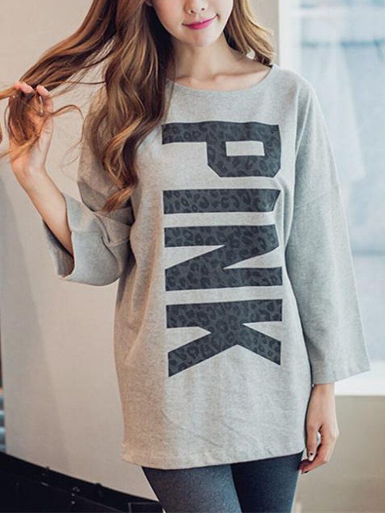 Conjunto De Pijama Informal De Manga Larga Con Cuello Ruond Y Estampado De Letras Para Mujer