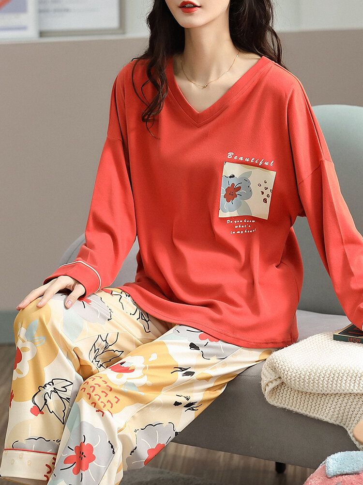 Conjunto De Pijama Informal De Manga Larga Con Cuello En V Y Estampado De Letras Y Flores Para Mujer De Talla Grande