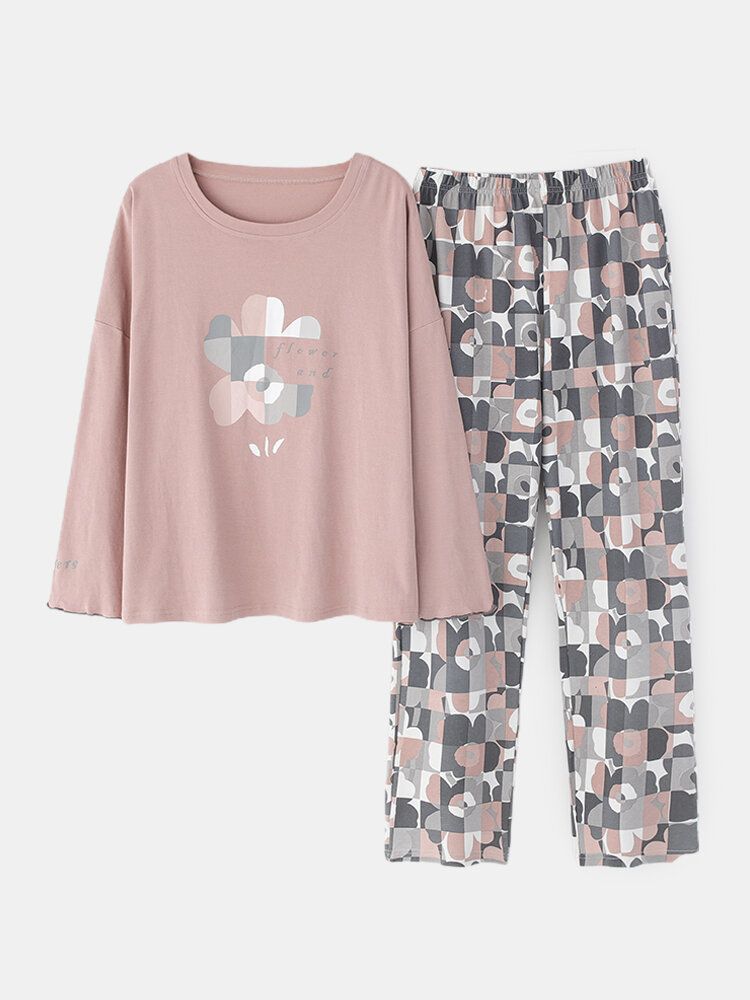 Conjunto De Pijama Informal De Manga Larga Con Cuello En V Y Estampado De Letras Y Flores Para Mujer De Talla Grande