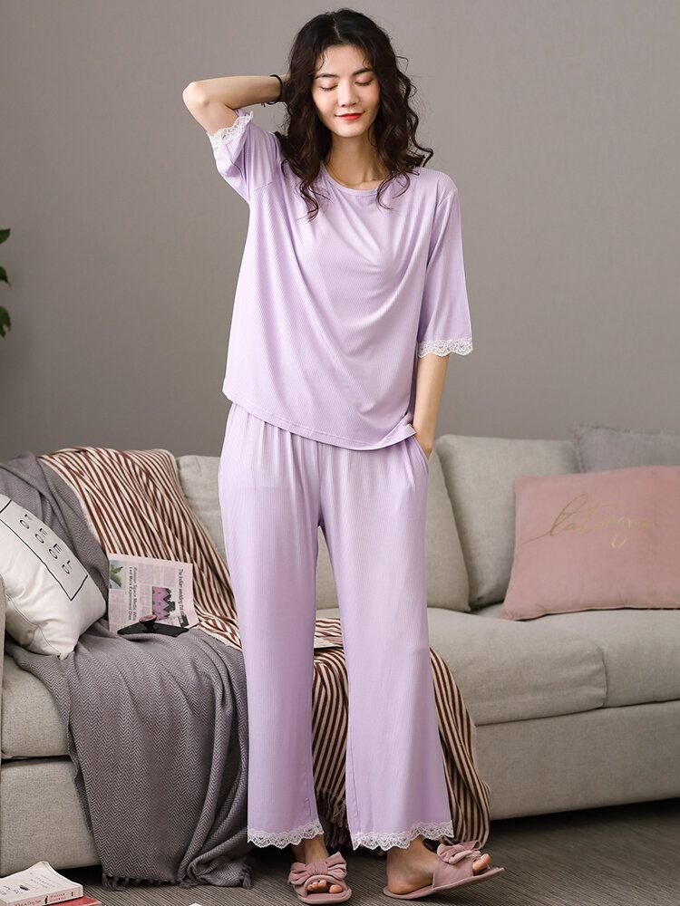 Conjunto De Pijama Informal De Media Manga Con Ribete De Encaje De Color Liso Para Mujer