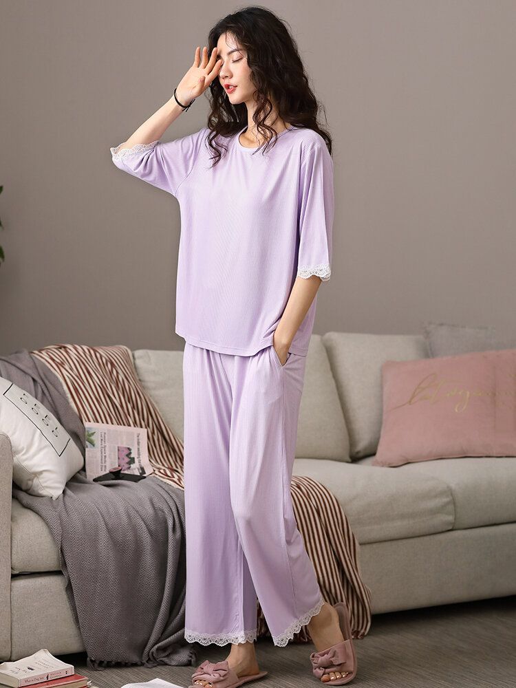 Conjunto De Pijama Informal De Media Manga Con Ribete De Encaje De Color Liso Para Mujer