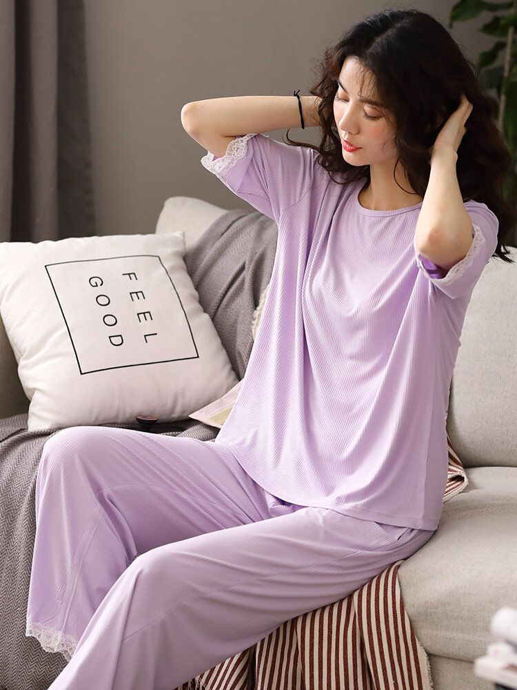 Conjunto De Pijama Informal De Media Manga Con Ribete De Encaje De Color Liso Para Mujer