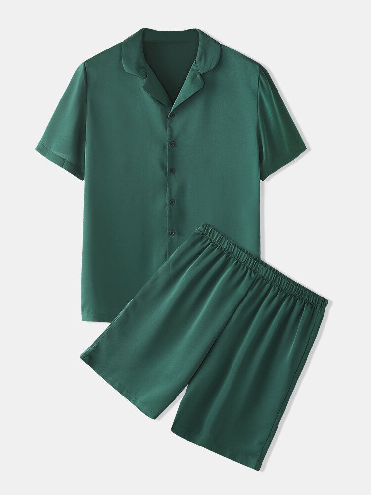 Conjunto De Pijama Informal Para El Hogar Con Cintura Elástica Y Manga Corta De Seda Sintética Con Botones Verdes Para Hombre