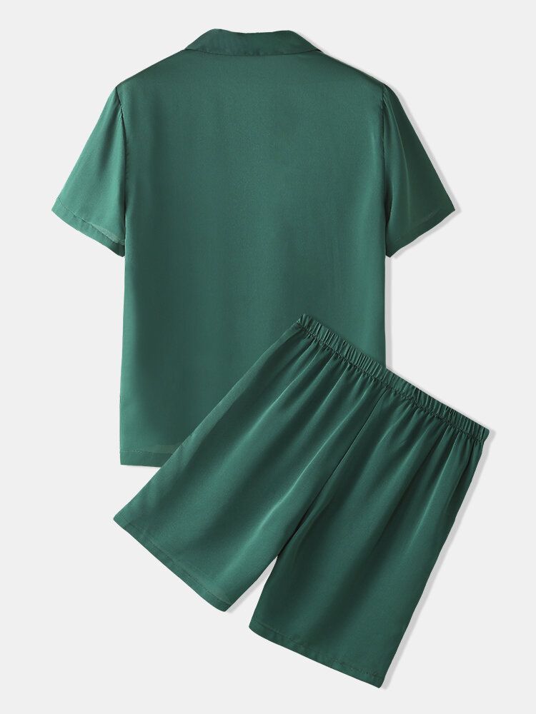 Conjunto De Pijama Informal Para El Hogar Con Cintura Elástica Y Manga Corta De Seda Sintética Con Botones Verdes Para Hombre