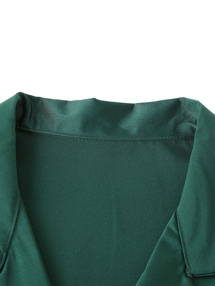 Conjunto De Pijama Informal Para El Hogar Con Cintura Elástica Y Manga Corta De Seda Sintética Con Botones Verdes Para Hombre