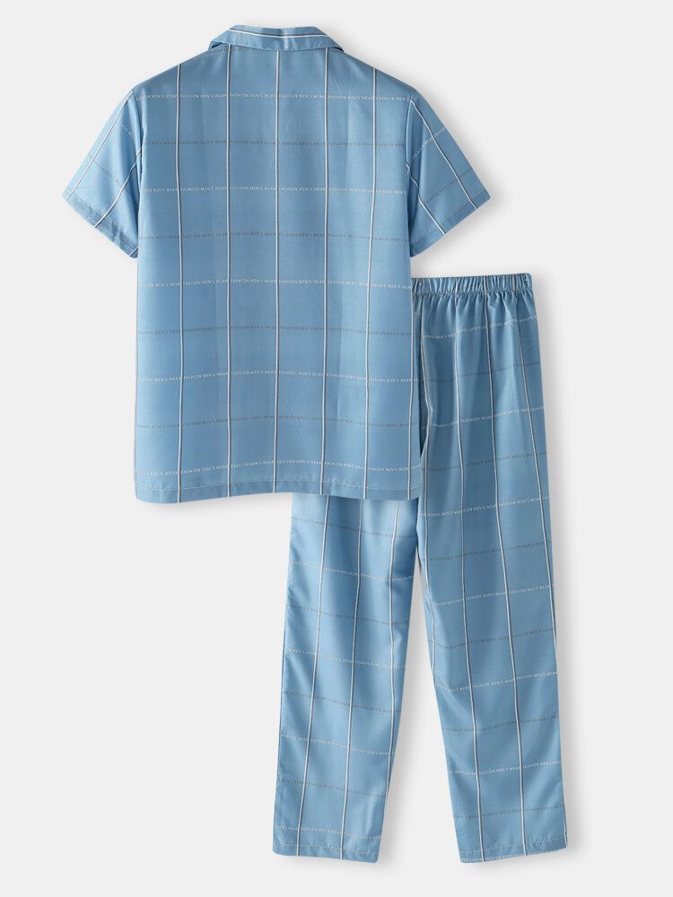 Conjunto De Pijama Informal Para El Hogar Con Cuello De Revere A Cuadros Con Diseño De Letras De Algodón Para Hombre