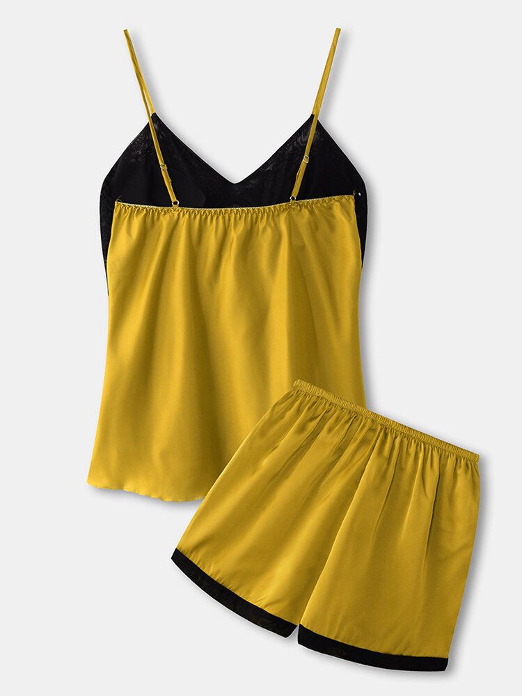 Conjunto De Pijama Liso Para El Hogar Con Tirantes Finos Con Cuello En V Y Bloque De Color De Encaje Para Mujer