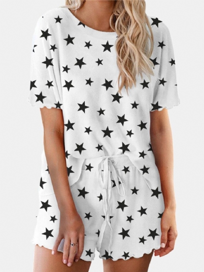 Conjunto De Pijama De Manga Corta Con Cordón Suelto Y Estampado De Estrellas De Verano Para Mujer