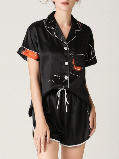 Conjunto De Pijama Negro De Manga Corta Con Cuello Revere Y Estampado De Graffiti Abstracto Para Mujer