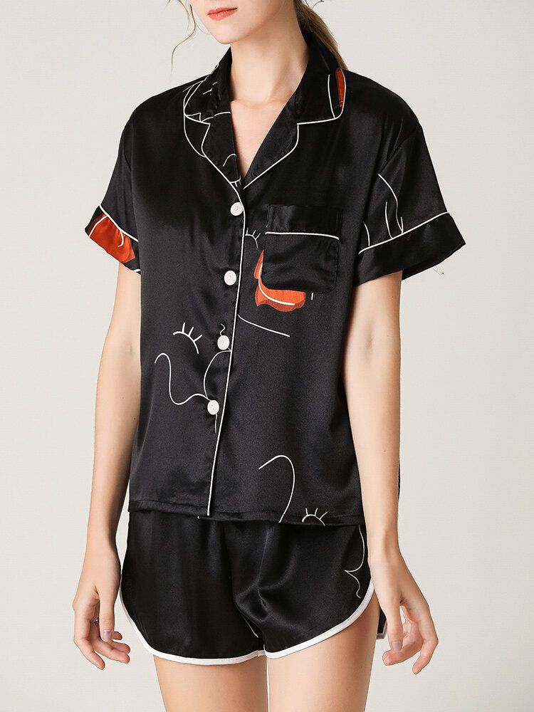 Conjunto De Pijama Negro De Manga Corta Con Cuello Revere Y Estampado De Graffiti Abstracto Para Mujer