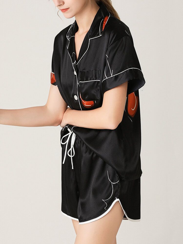 Conjunto De Pijama Negro De Manga Corta Con Cuello Revere Y Estampado De Graffiti Abstracto Para Mujer