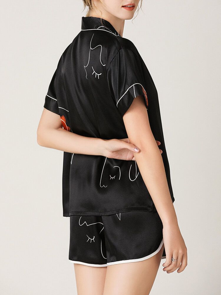 Conjunto De Pijama Negro De Manga Corta Con Cuello Revere Y Estampado De Graffiti Abstracto Para Mujer