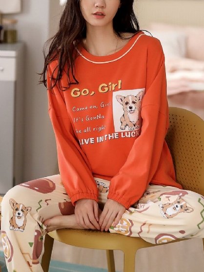 Conjunto De Pijama De Pantalones Sueltos Con Estampado De Letras Y Perros Lindos Para Mujer