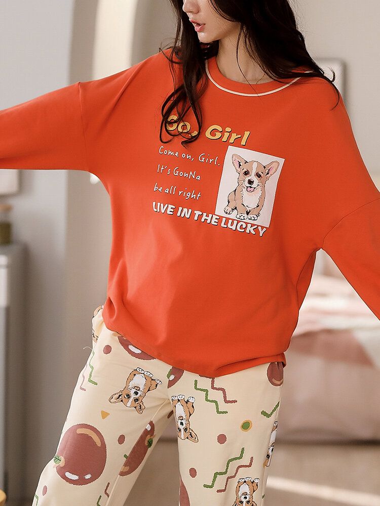 Conjunto De Pijama De Pantalones Sueltos Con Estampado De Letras Y Perros Lindos Para Mujer