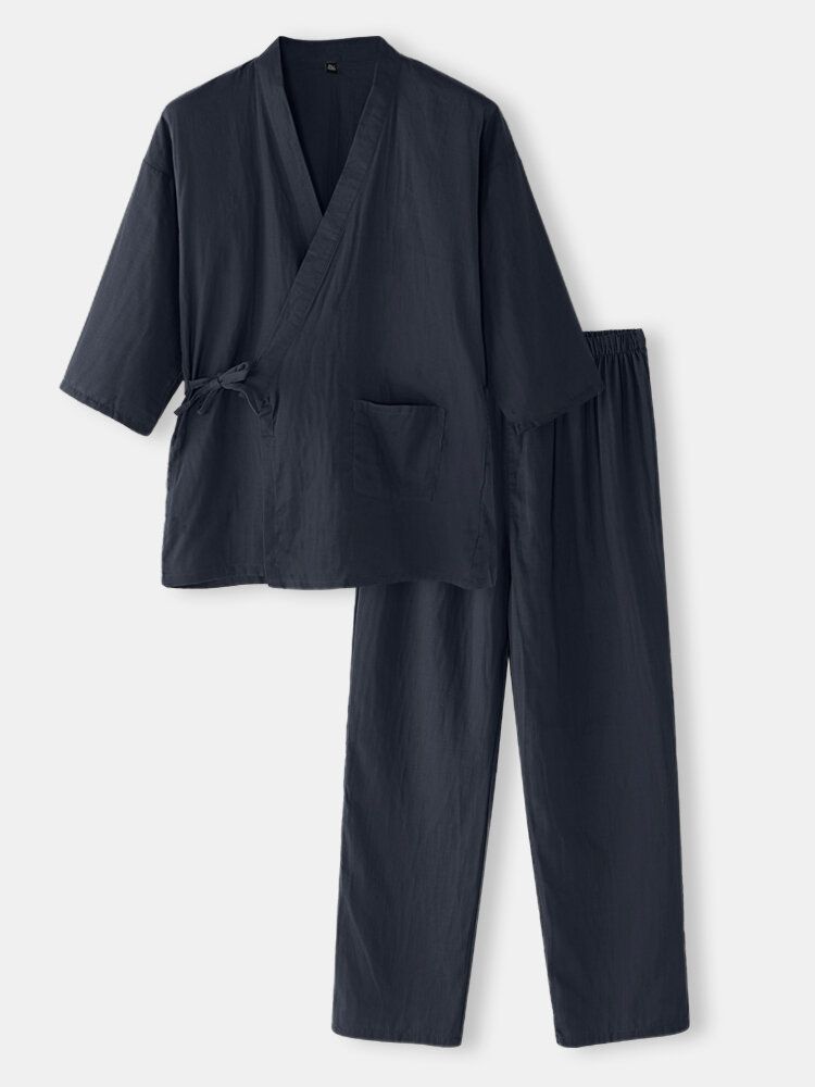 Conjunto De Pijama Para El Hogar De Albornoces De Kimono De Estilo Japonés De Color Sólido Para Hombre De Algodón