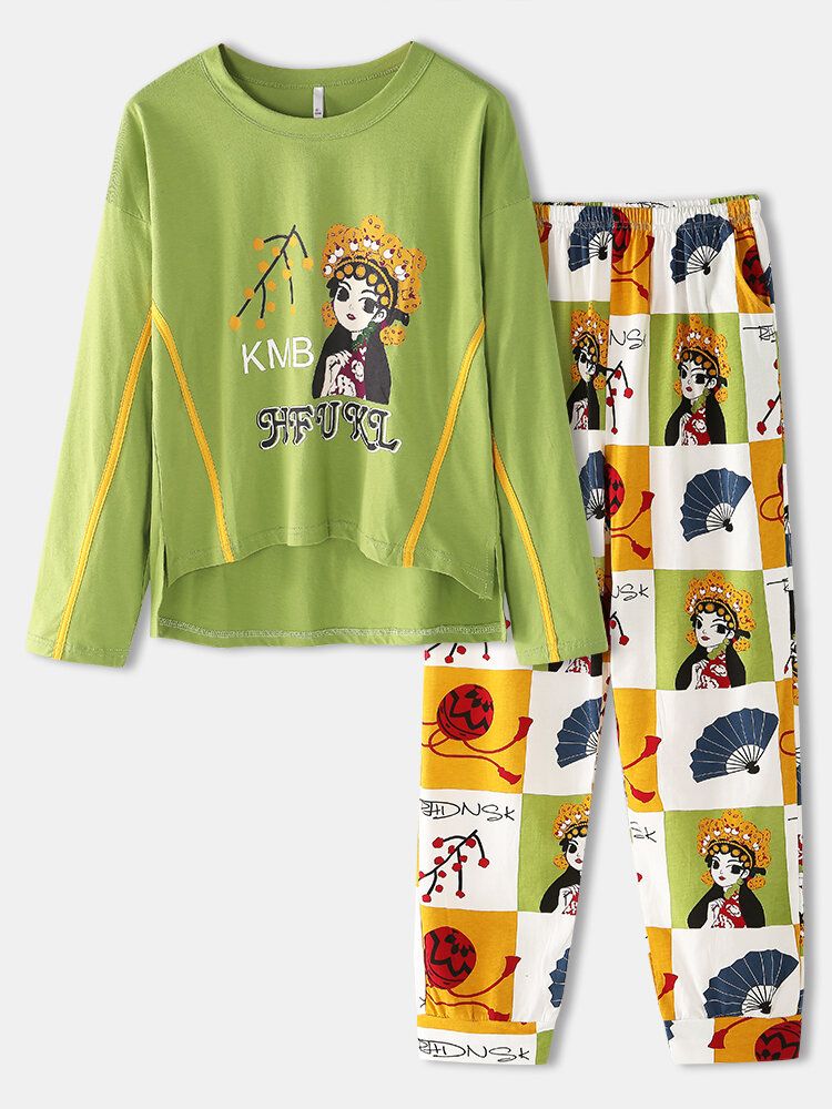 Conjunto De Pijama Para El Hogar De Cintura Elástica De Manga Larga Con Cuello Redondo Y Estampado De Letras Y Figuras De Estilo Chino Para Mujer