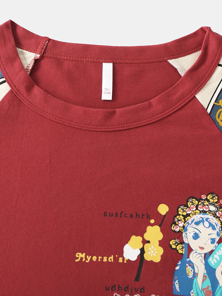 Conjunto De Pijama Para El Hogar De Cintura Elástica De Manga Larga Con Cuello Redondo Y Estampado De Letras Y Figuras De Estilo Chino Para Mujer