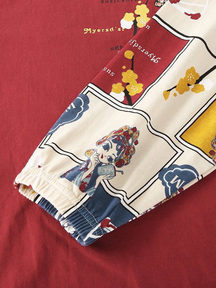 Conjunto De Pijama Para El Hogar De Cintura Elástica De Manga Larga Con Cuello Redondo Y Estampado De Letras Y Figuras De Estilo Chino Para Mujer