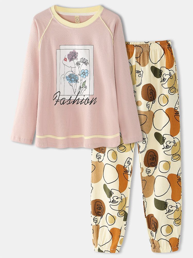 Conjunto De Pijama Para El Hogar Con Bolsillo Y Mangas Raglán Acanaladas Con Estampado De Letras De Flores Para Mujer