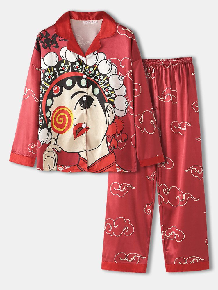 Conjunto De Pijama Para El Hogar Con Botones Y Pantalones Sueltos De Manga Larga Con Cuello De Campamento Y Estampado De Dibujos Animados De Estilo Chino Para Mujer