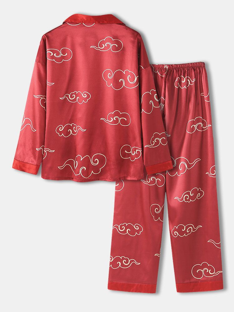 Conjunto De Pijama Para El Hogar Con Botones Y Pantalones Sueltos De Manga Larga Con Cuello De Campamento Y Estampado De Dibujos Animados De Estilo Chino Para Mujer