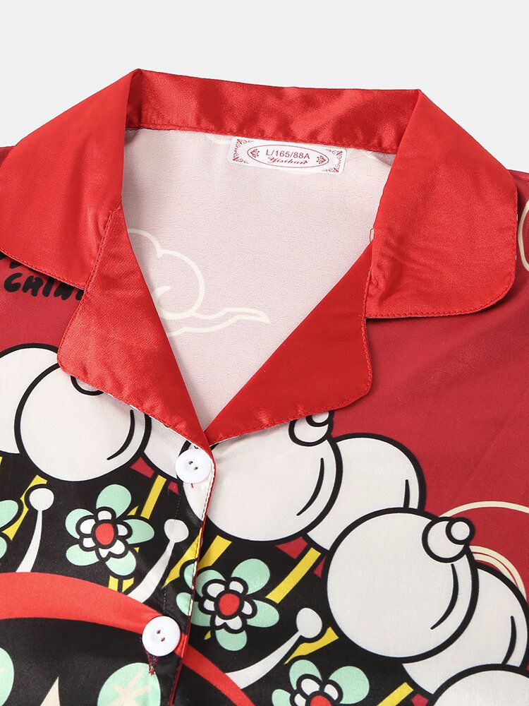 Conjunto De Pijama Para El Hogar Con Botones Y Pantalones Sueltos De Manga Larga Con Cuello De Campamento Y Estampado De Dibujos Animados De Estilo Chino Para Mujer