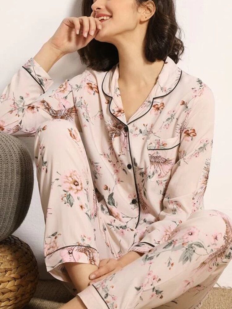 Conjunto De Pijama Para El Hogar Con Camisa Y Pantalones De Manga Larga Con Bolsillo En El Pecho Y Estampado Floral Para Mujer