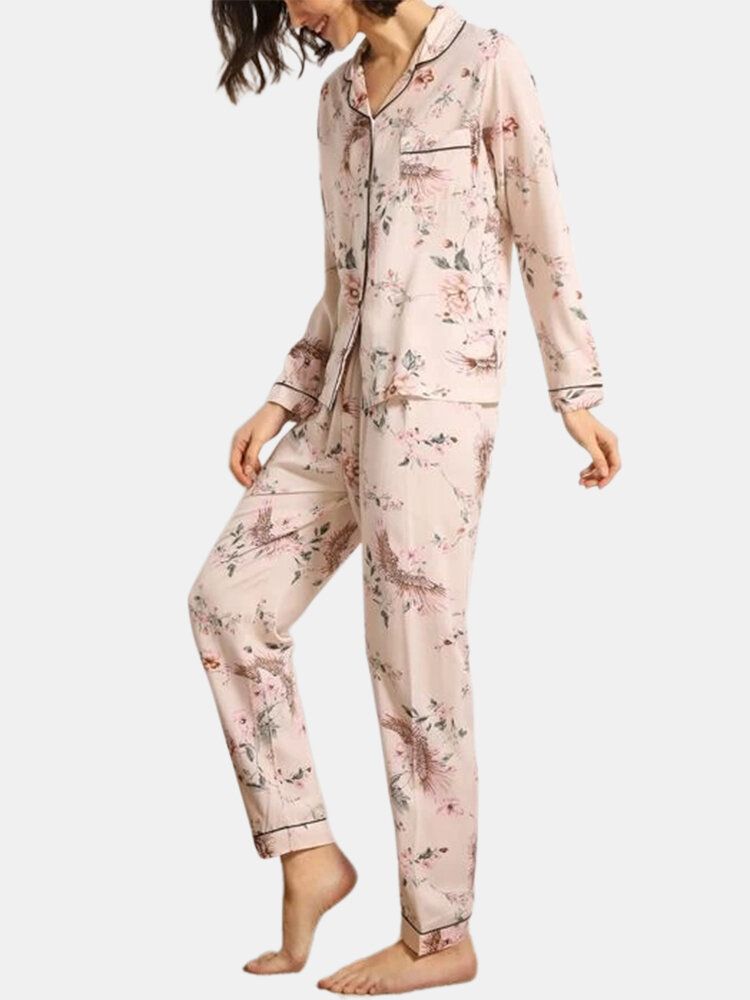 Conjunto De Pijama Para El Hogar Con Camisa Y Pantalones De Manga Larga Con Bolsillo En El Pecho Y Estampado Floral Para Mujer