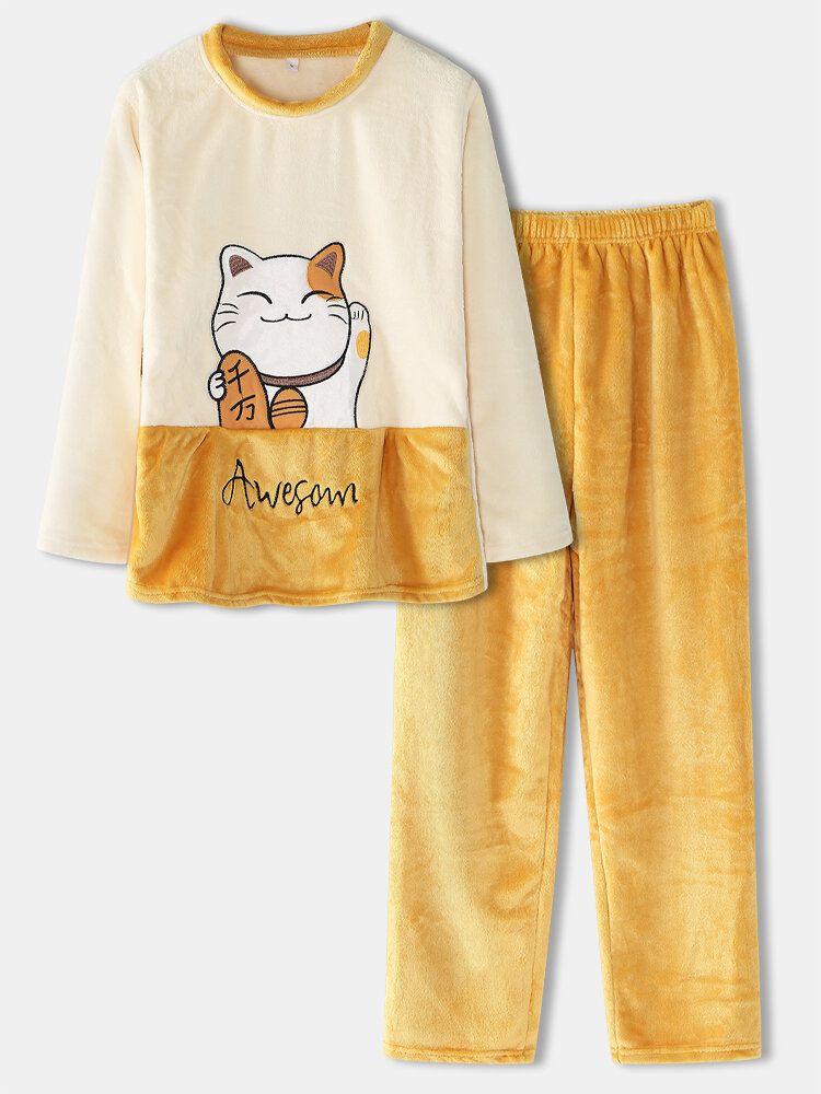 Conjunto De Pijama Para El Hogar Con Cintura Elástica Acogedora De Franela Con Bordado De Letras Y Gato De La Suerte Para Mujer