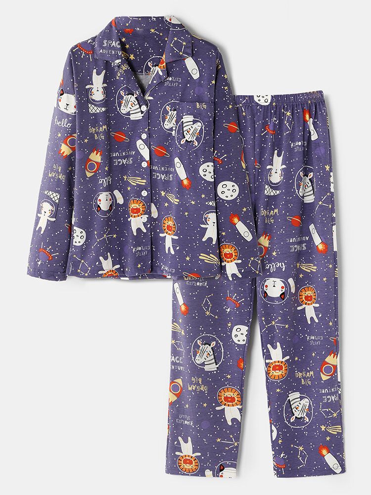 Conjunto De Pijama Para El Hogar Con Cintura Elástica De Manga Larga Con Bolsillo De Algodón Con Estampado De Animales Y Espacio Para Mujer